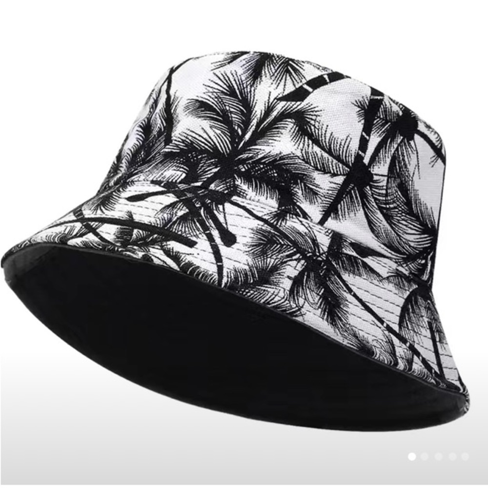 Palm Leaf Print Bucket Hat Unisex Men Women's Hat Black & White Tropical New